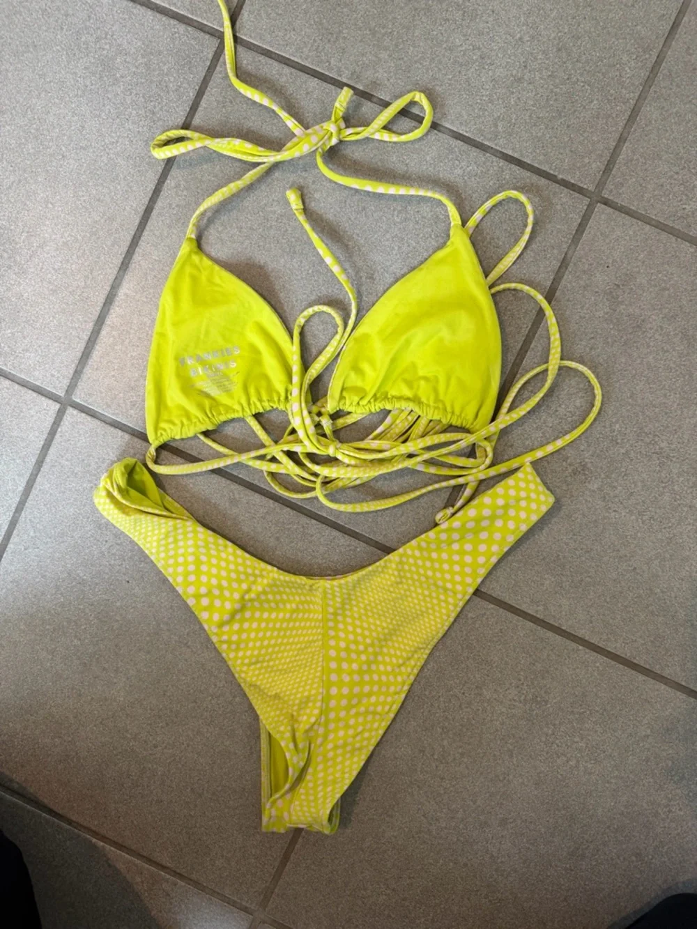 Frankie's Bikinis Neon Lime pink Polka Dot Bikini set top s and bottom m